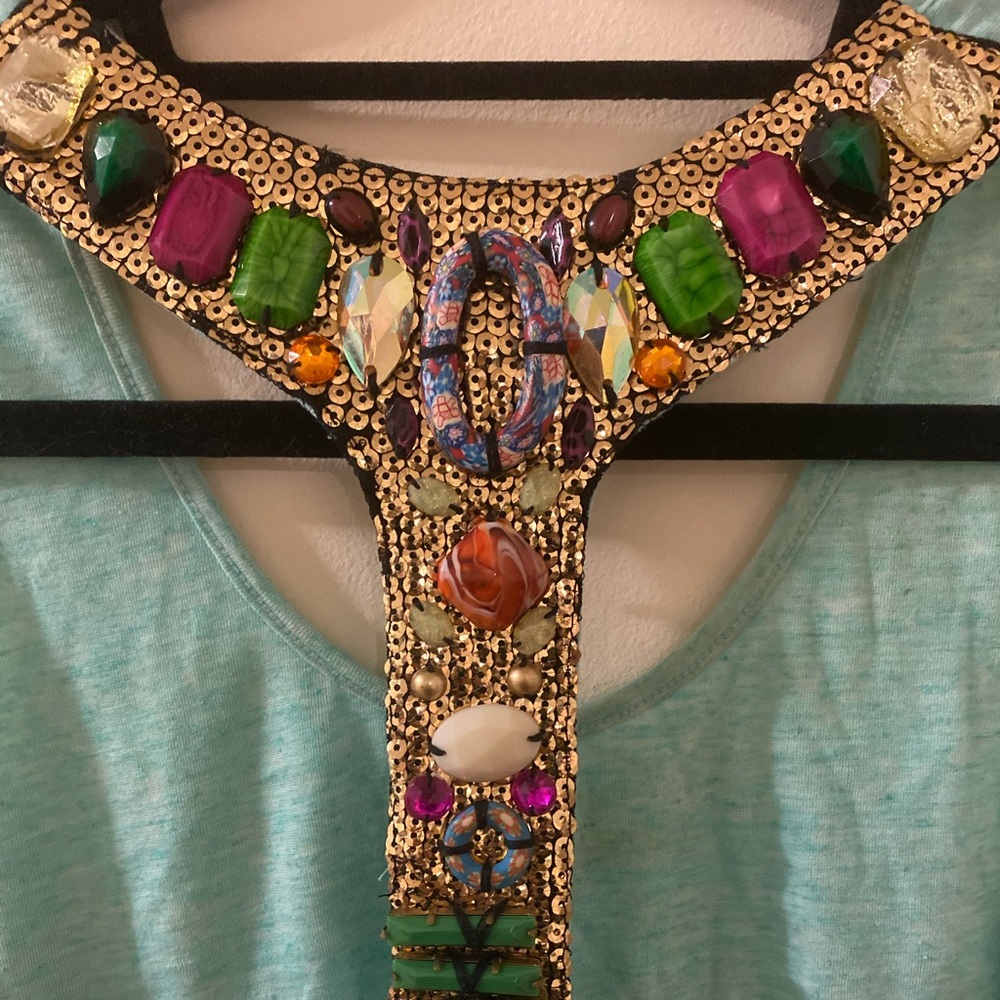 Turquoise top, low back with stunning beading - Picture 3 of 4